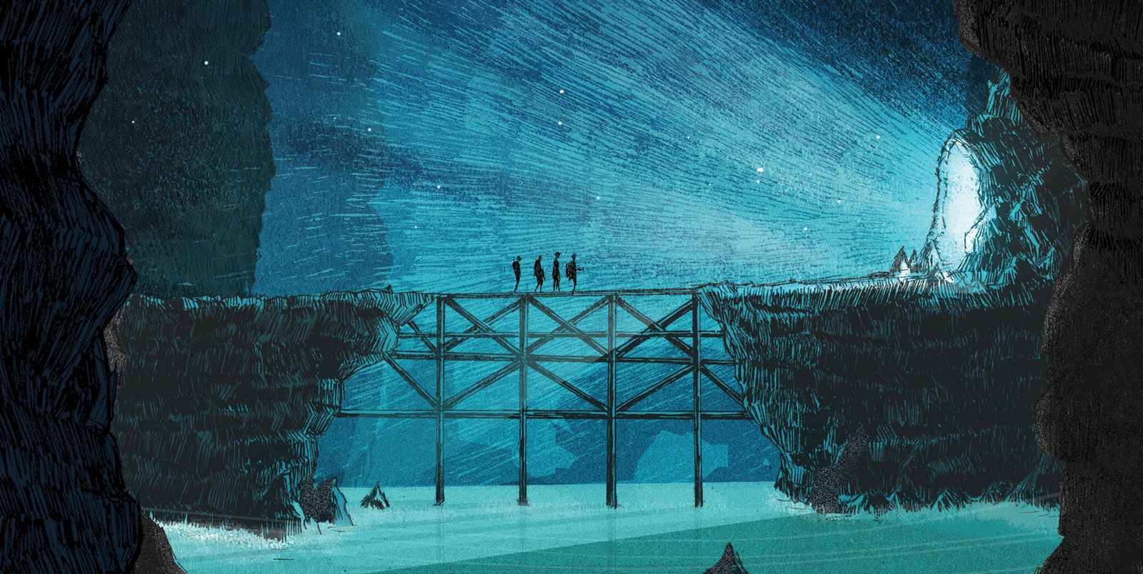 An illustration of four silhouettes crossing a bridge over water inside a cave