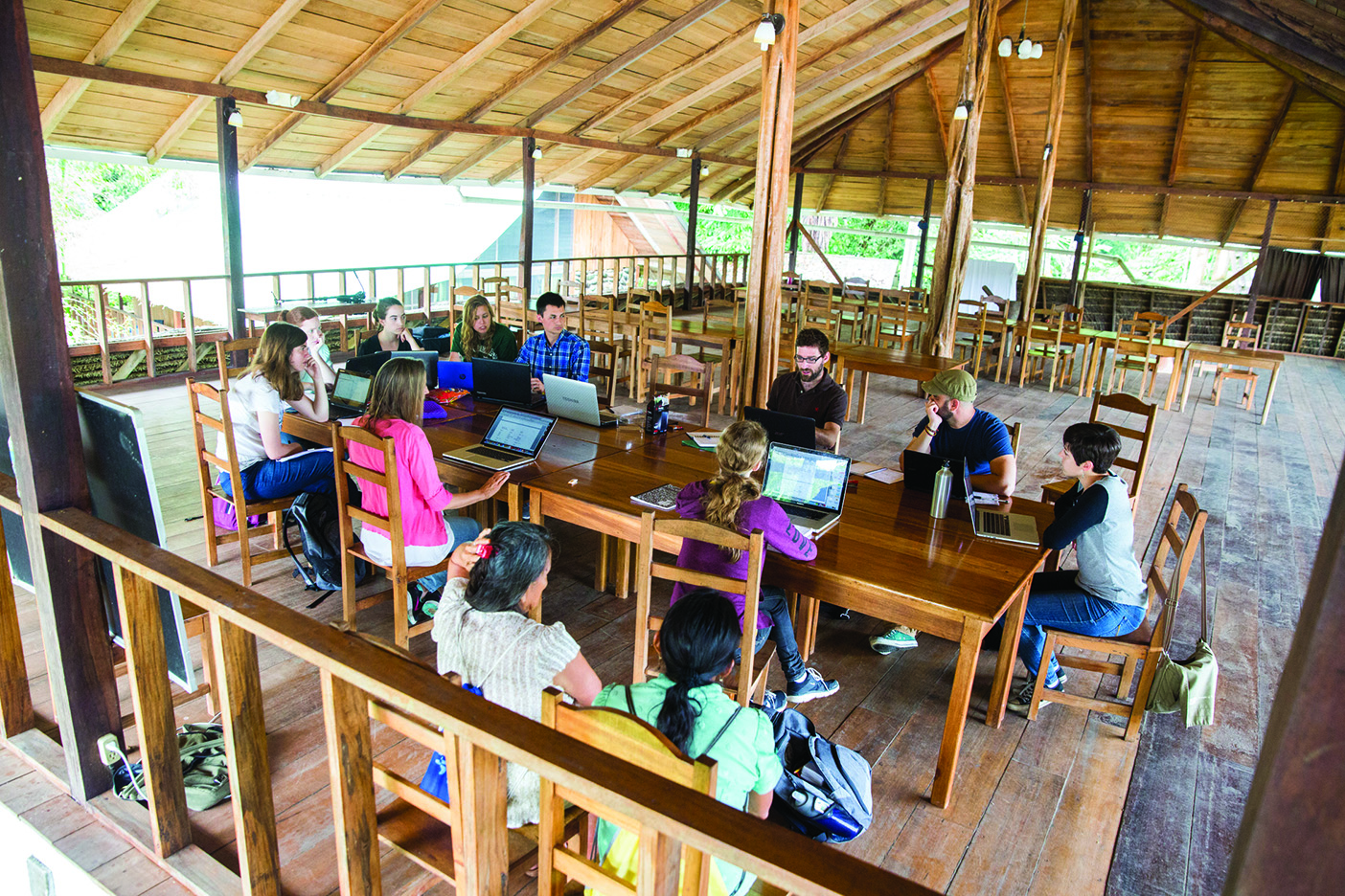 A class gathers in the open-air Andes and Amazon Field School