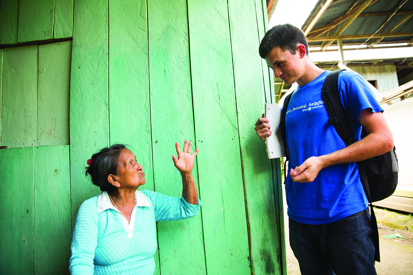 Student Matthew Millar visits with a native Quichua speaker