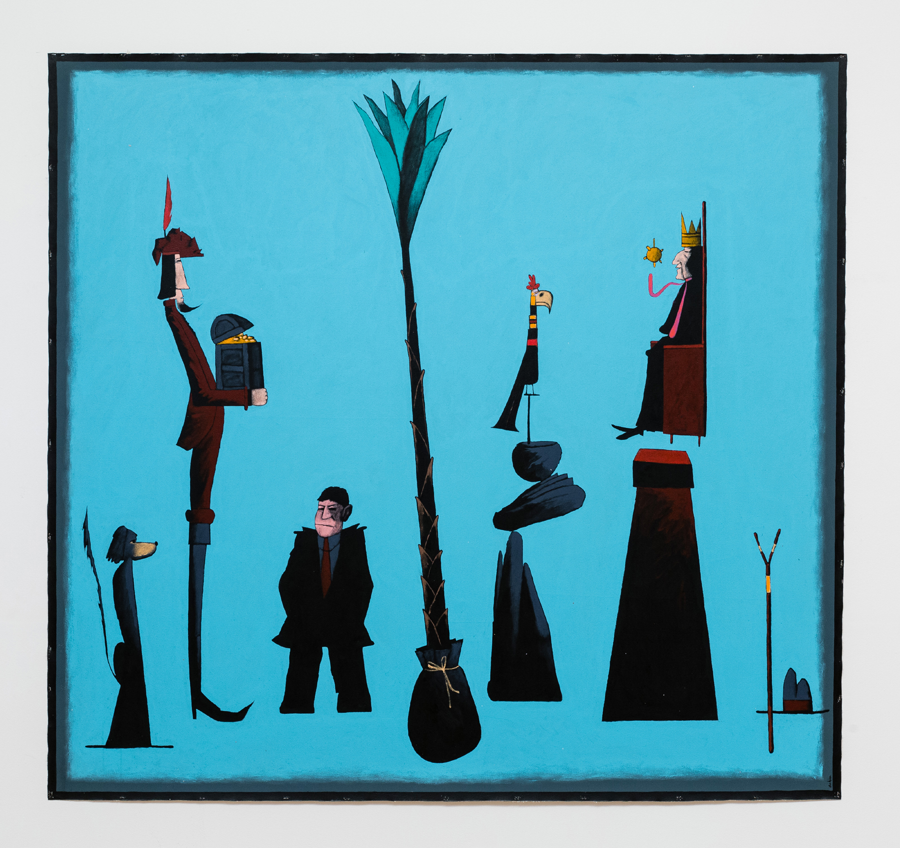 A blue painting with a palm tree, bird, king, and other figures.
