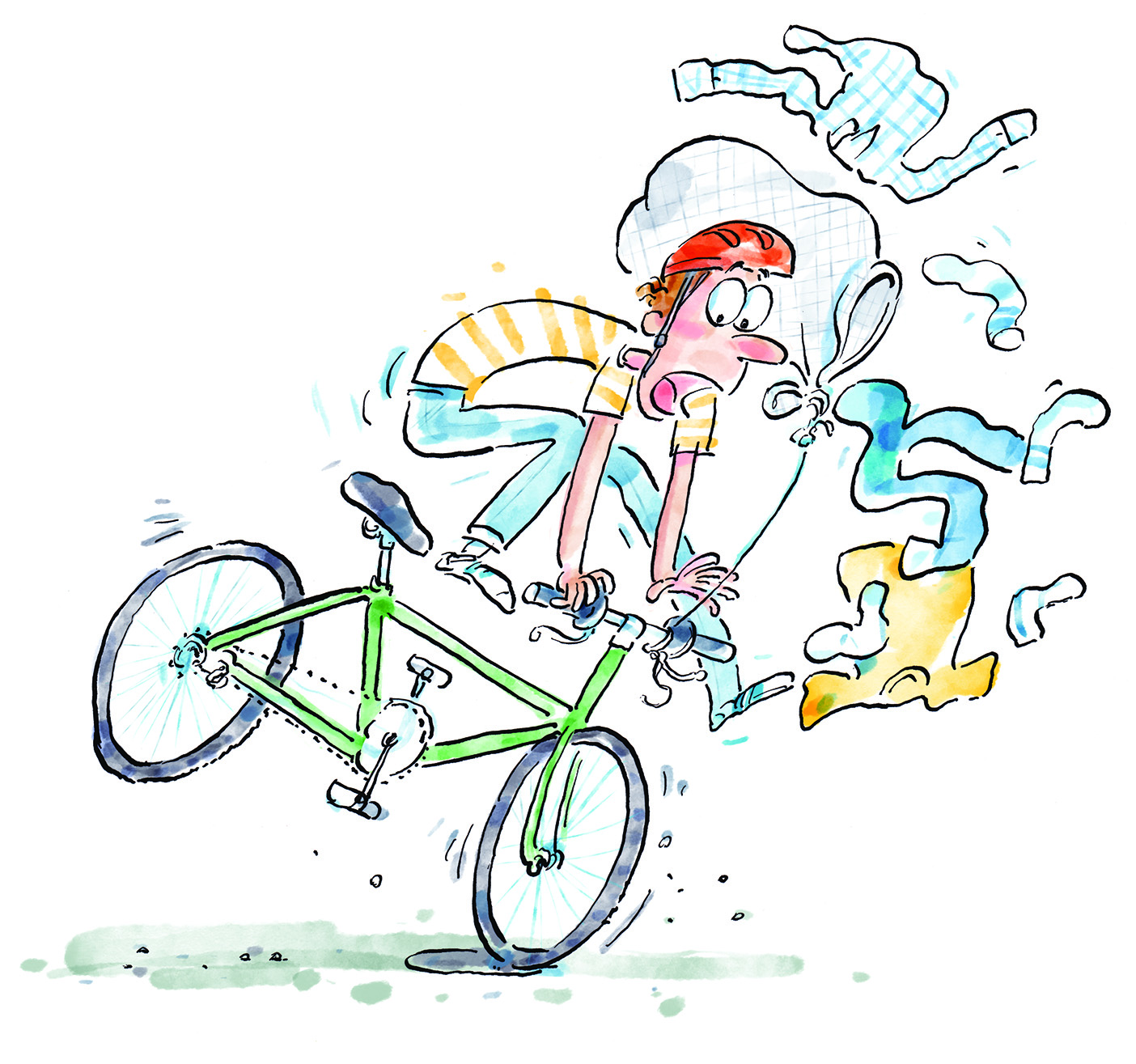 Drawing of a boy riding a bike and laundry falling around him.