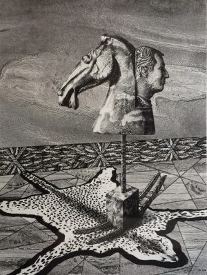 Image of a horse head and a man's head standing on a cat's skin.