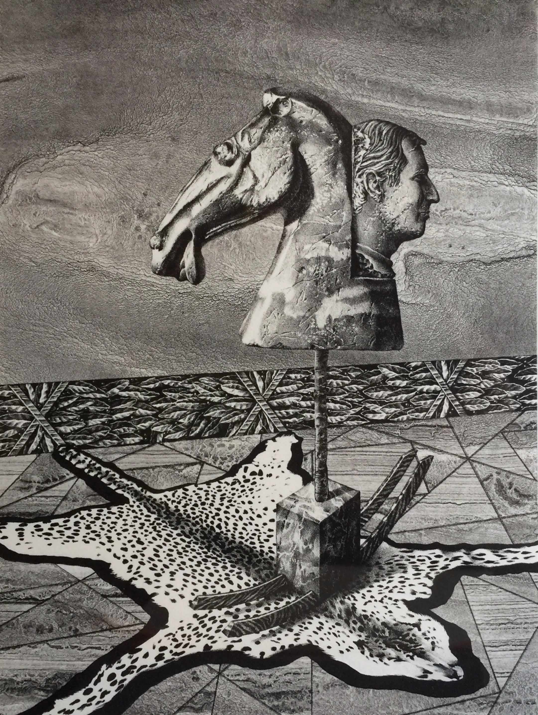 Image of a horse head and a man's head standing on a cat's skin.