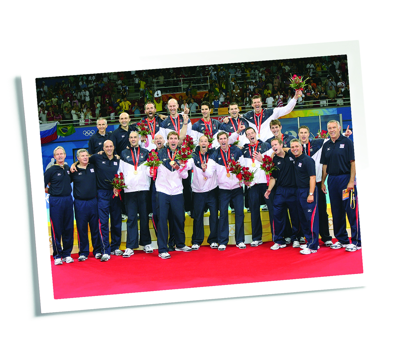 Team USA celebrates the gold after a four-set victory over top-ranked Brazil.