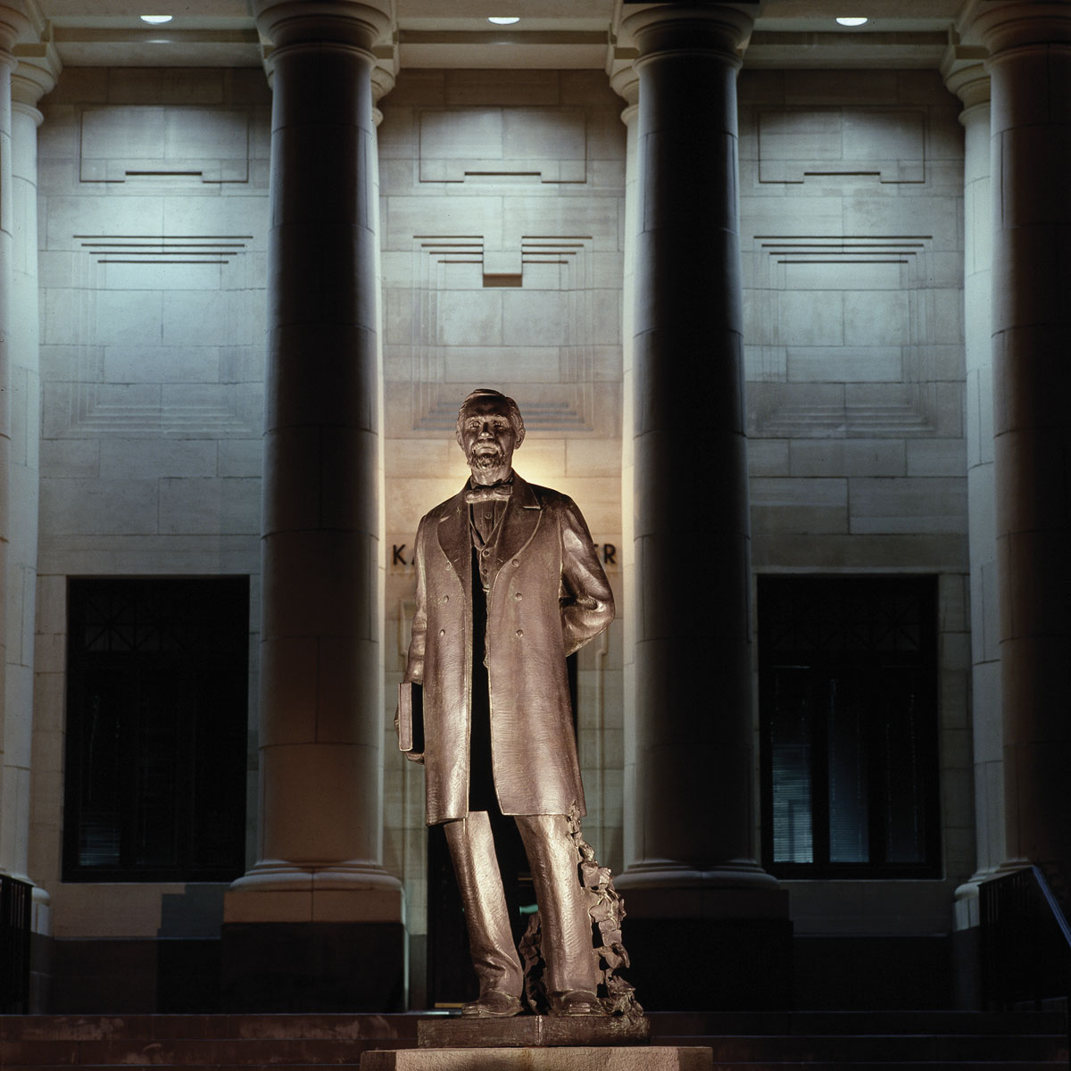The Karl G. Maeser statue at night.