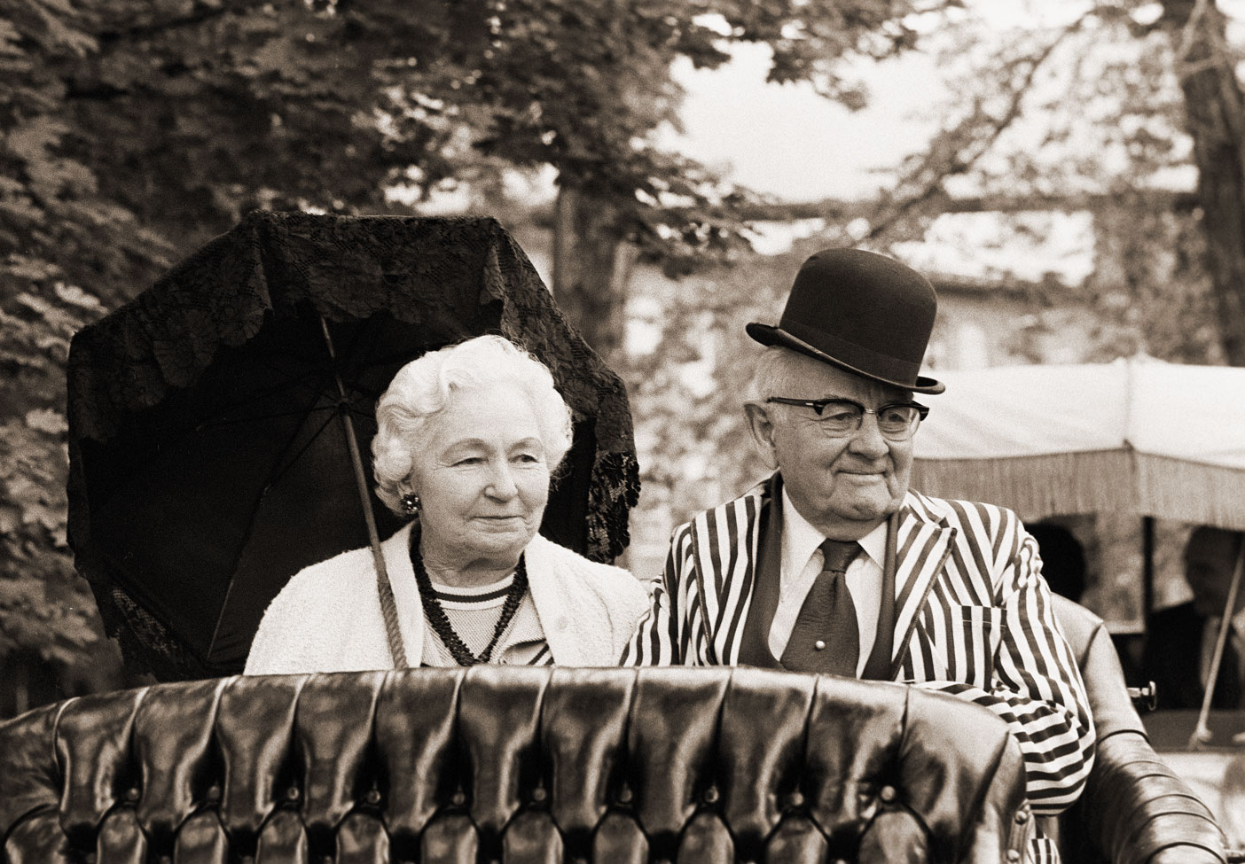 President Spencer W. Kimball and his wife, Camilla, ride a buggy during the 1975 centennial Founder’s Day parade.