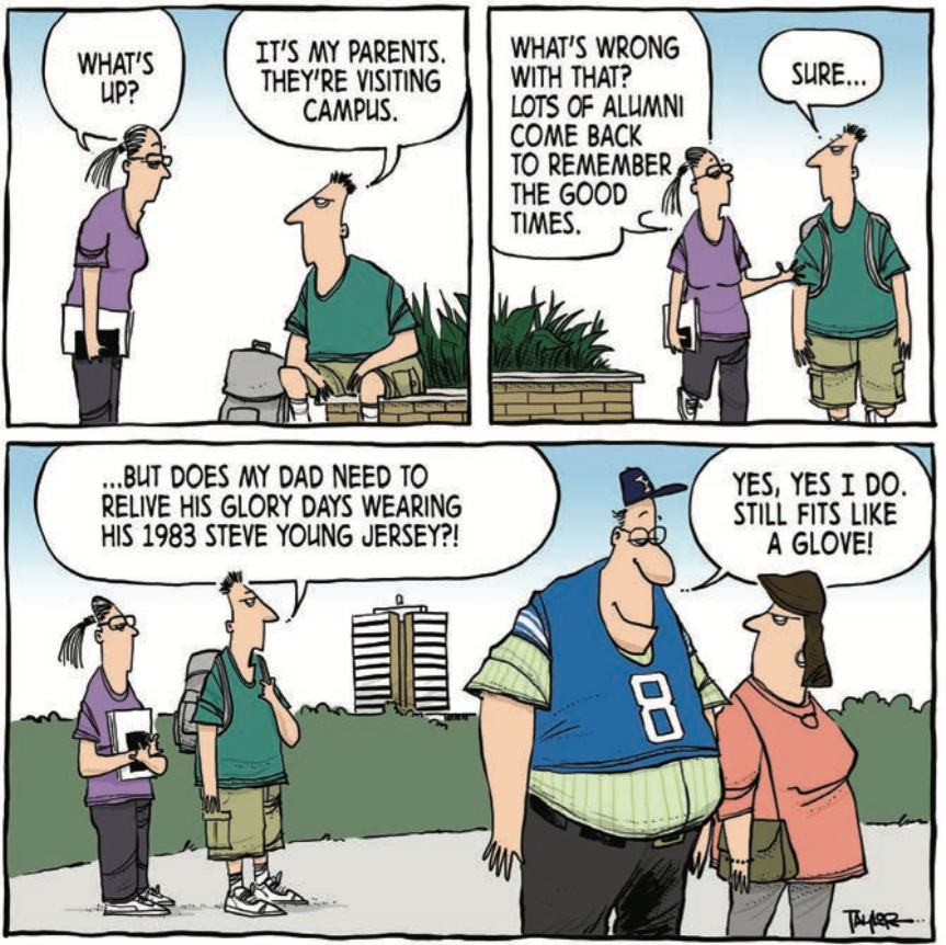 Comic of parent busting out of Steve Young jersey at Parents Weekend