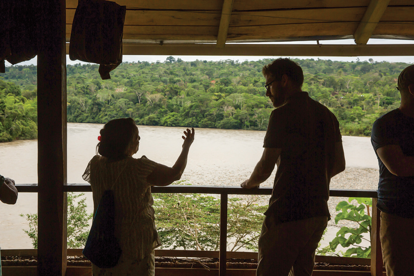 Two bodies are silhouettes against a river and rainforest background