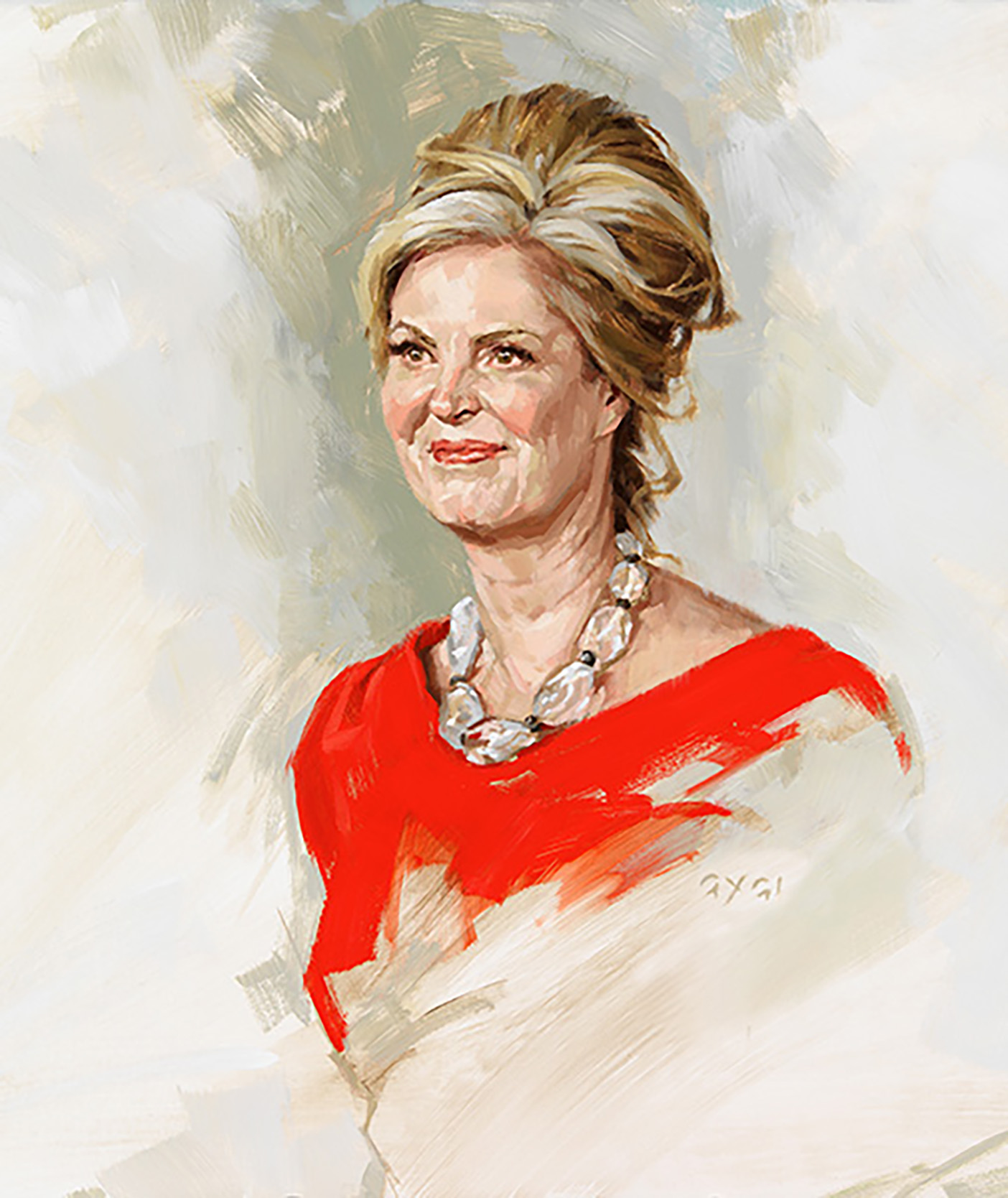Illustration of Ann Romney in a red dress.