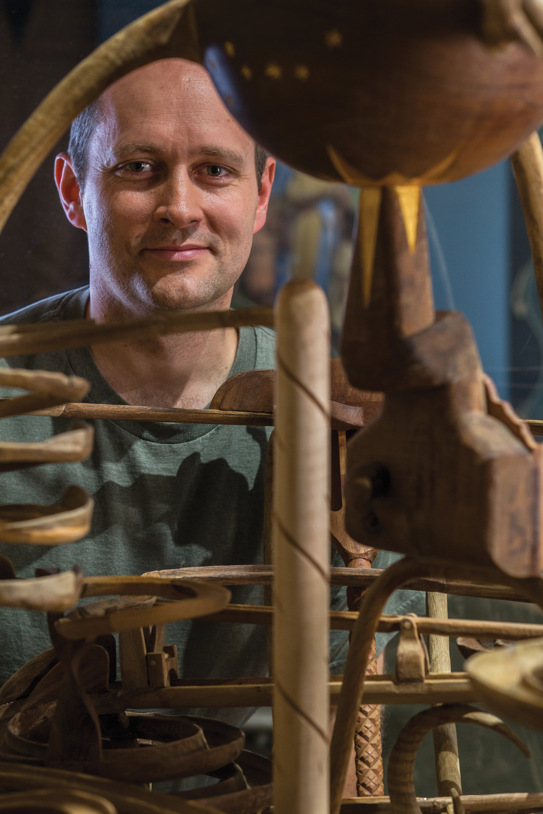 Karl Hale pictured with one of his wooden kinetic sculptures.