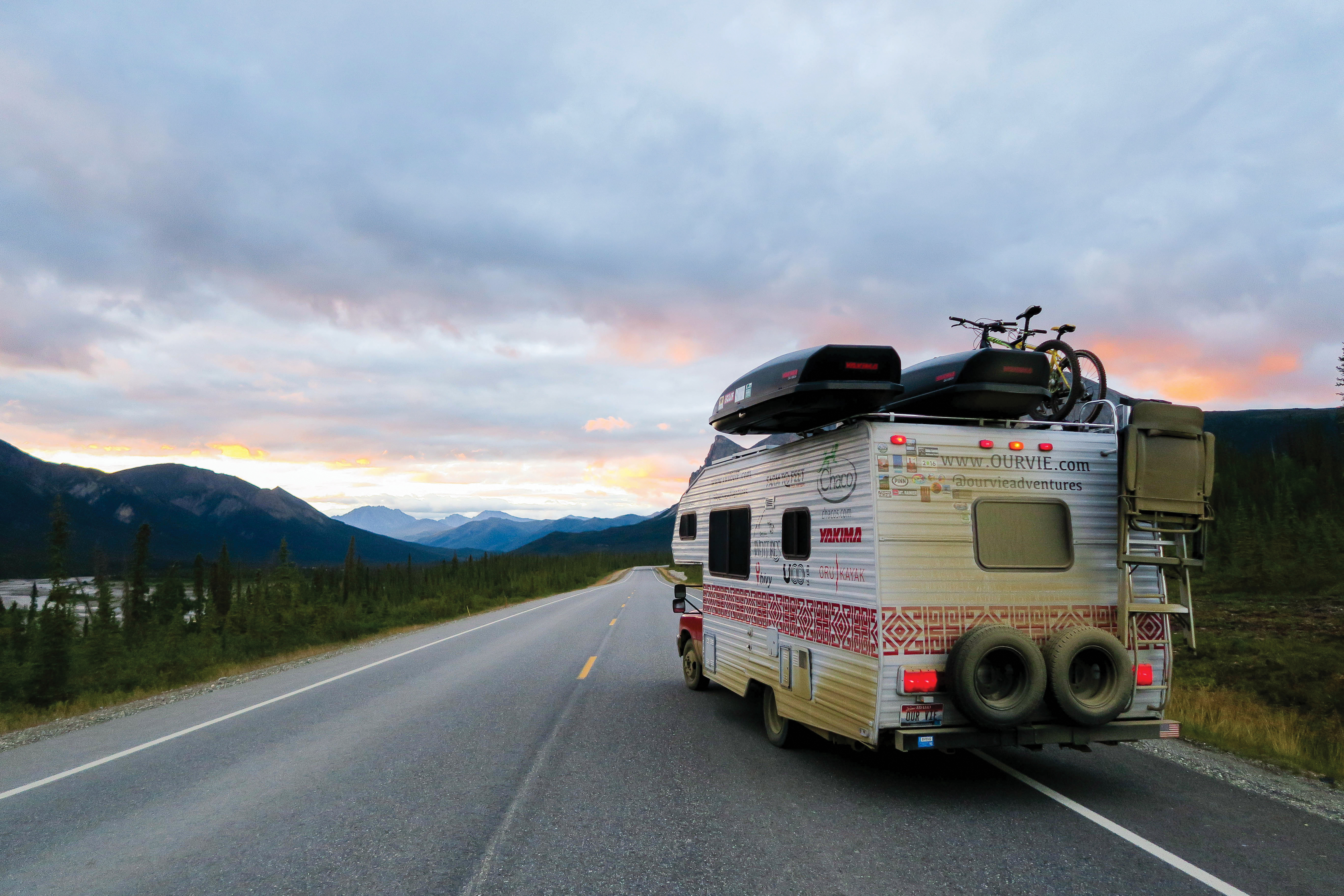 A view of the Hofman's motor home on the road in Alaska.