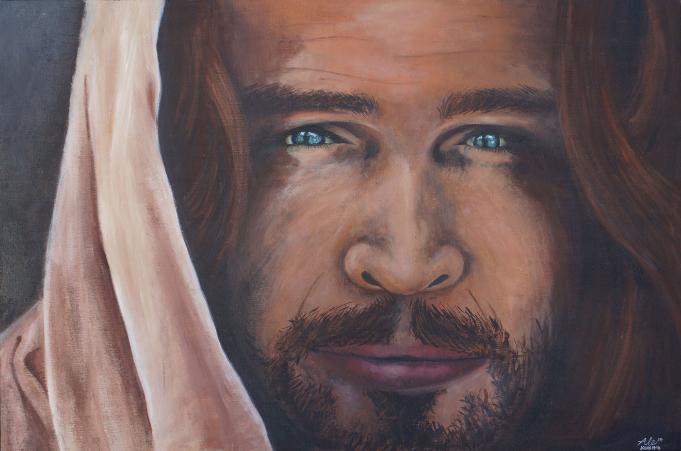 Painting of Jesus Christ's face with piercing blue eyes.
