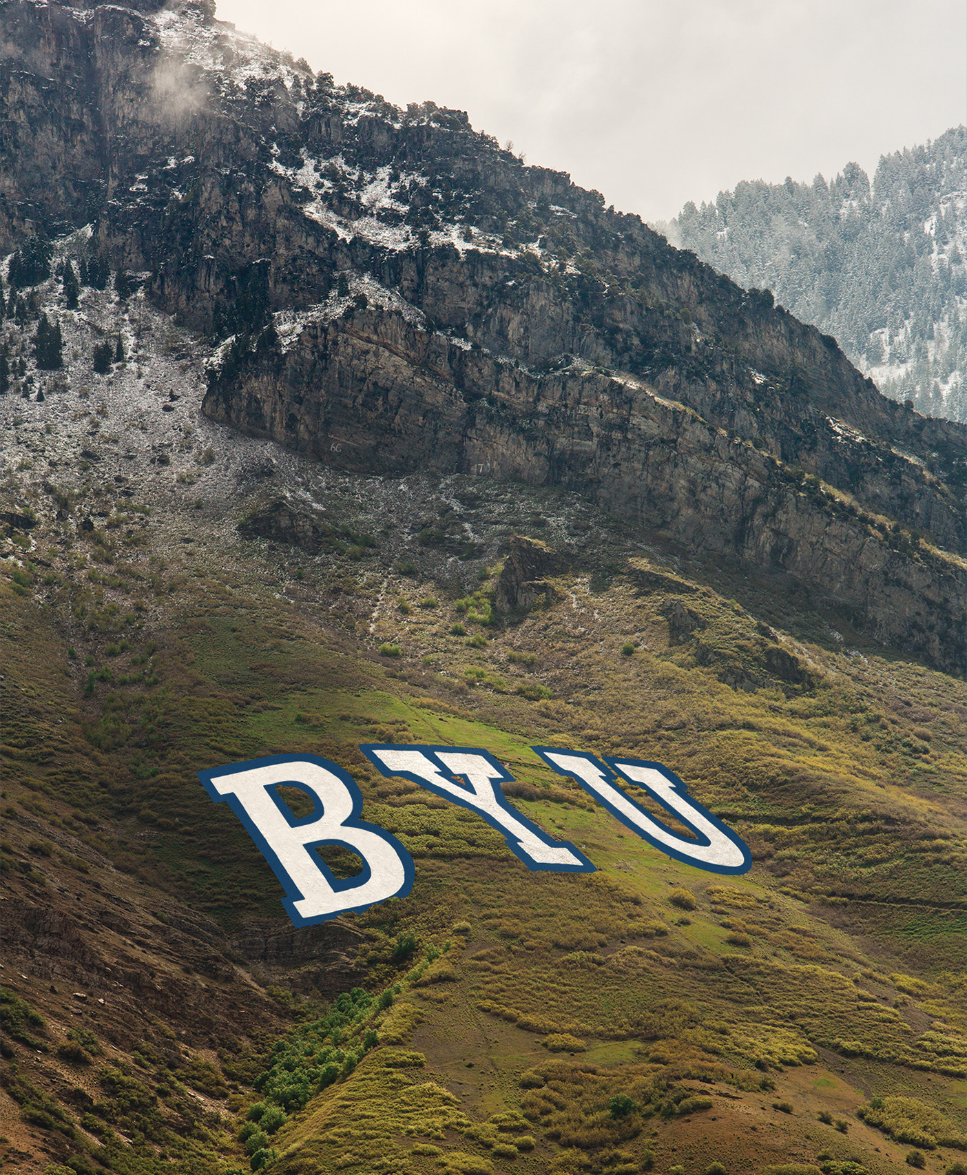 All three letters of BYU appear on the mountain in a photo illustration.