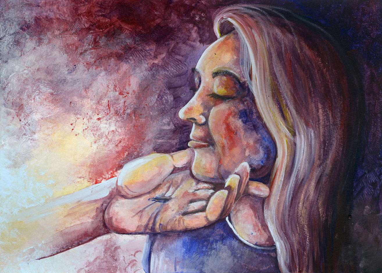 A painting of a hand reaching out to lift up a woman's face