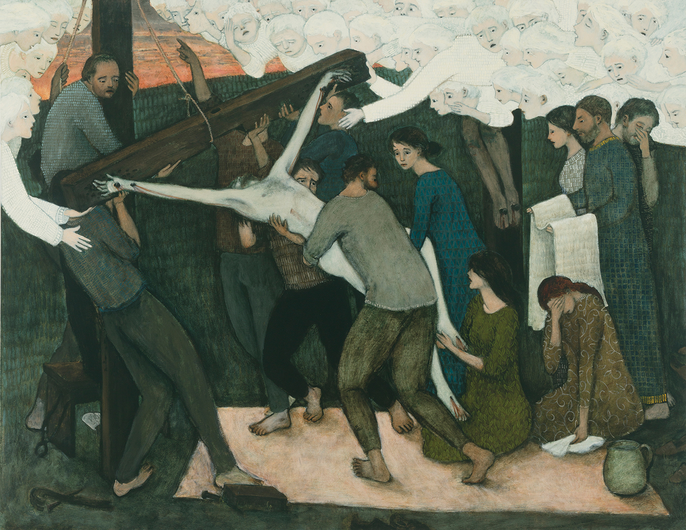 A painting of people lifting Christ off the cross.