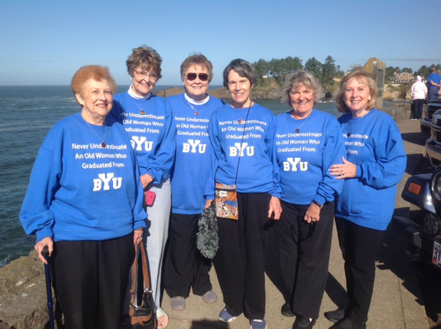 Kay Hansen, JoAnne Elmer, Betty Moody, Joan Davenport, Dorene Sheldon, and Sharon Senecal show off their matching sweatshirts to the locals as they walk along the Oregon Coast. Photo courtesy of JoAnne Elmer.