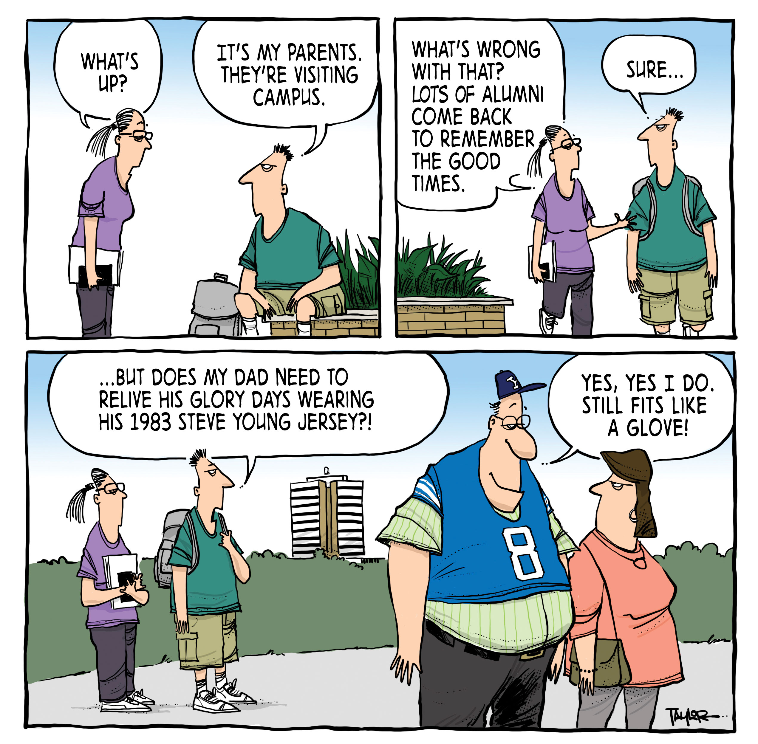 Comic of parent busting out of Steve Young jersey at Parents Weekend