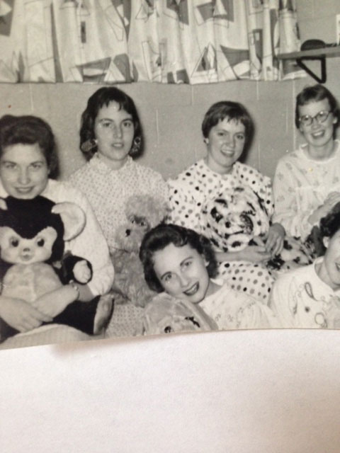 Kay Hansen, Joan Davenport, Dorene Sheldon, Betty Moody, and Sharon Senecal (bottom) pose with teddy bears in their apartment. Photo courtesy of Betty Moody.