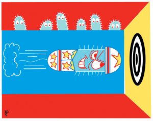 Illustration of a bacterial pod wearing a helmet hitting a bullseye.