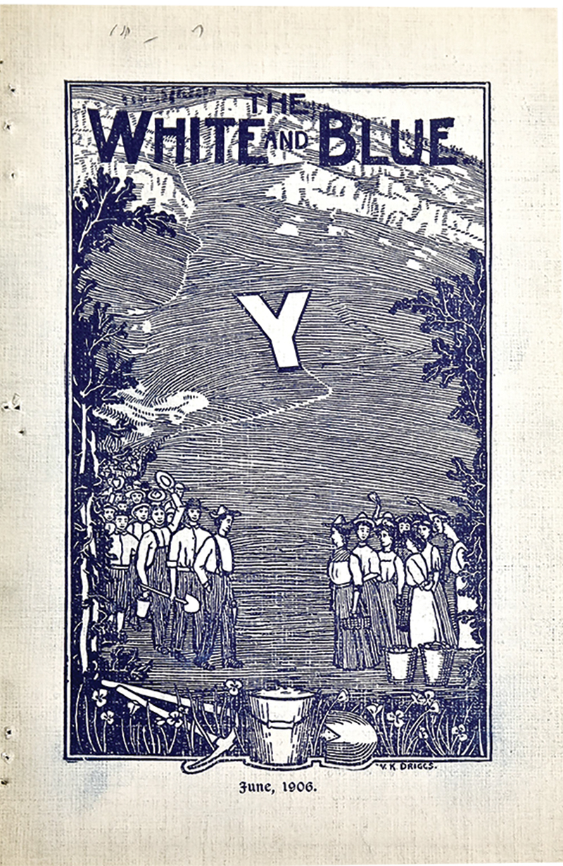 The 1906 cover of the BYU publication The White and Blue. The cover depicts the first published image of the Y on the mountain, the men who built it, and the women who met them with a picnic afterward.