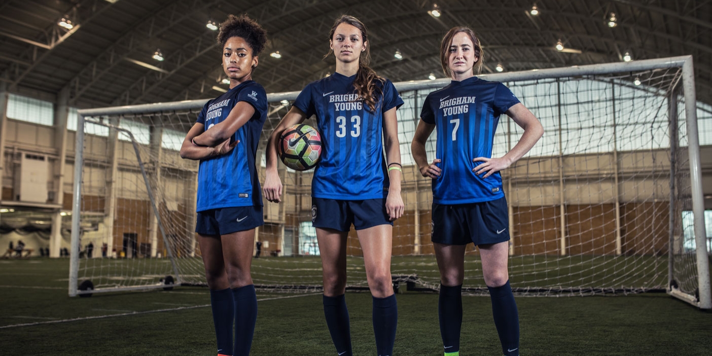 BYU women's soccer forwards Nadia Gomes, Ashley Hatch, and Michele Vasconcelos