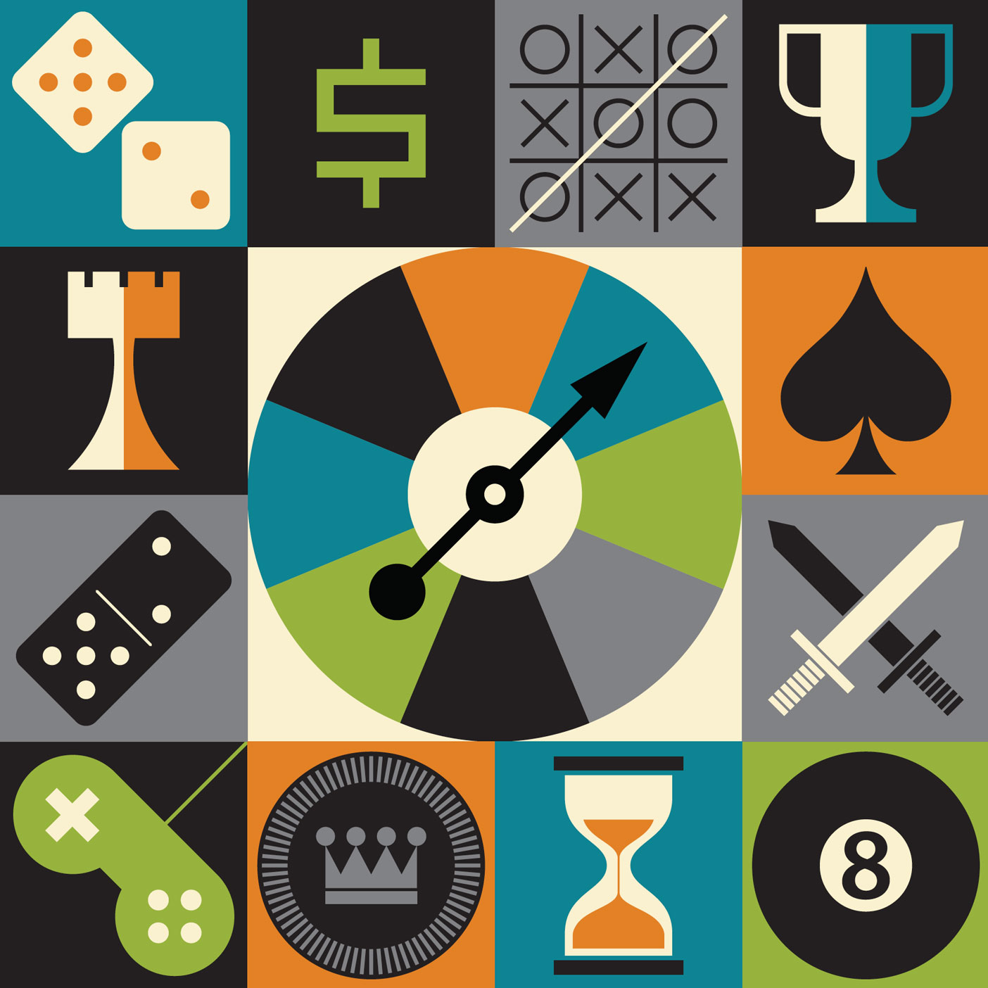 Illustration depicting games from dice to dominoes to tic-tac-toe