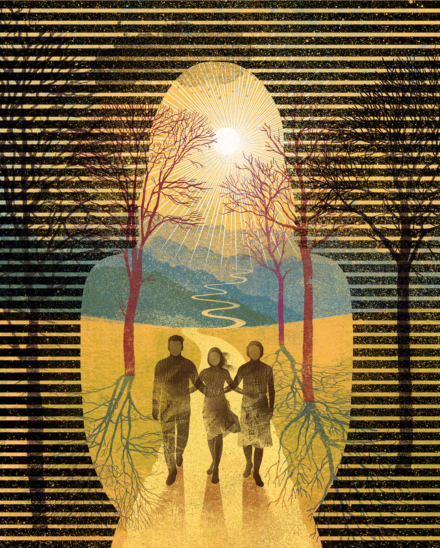 an illustration of a figure cut out of darkness. Inside the figure are three people walking with linked arms