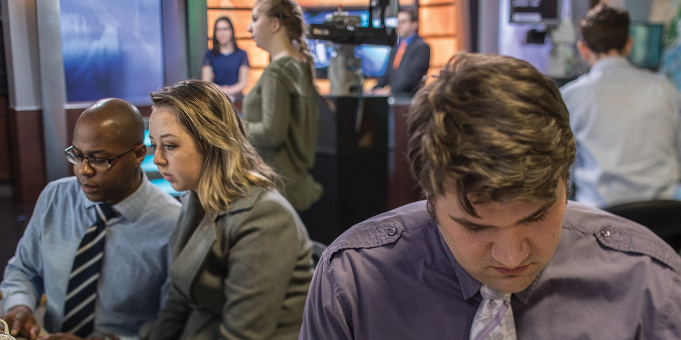 Students work in the BYU ElevenNews Broadcast Lab.