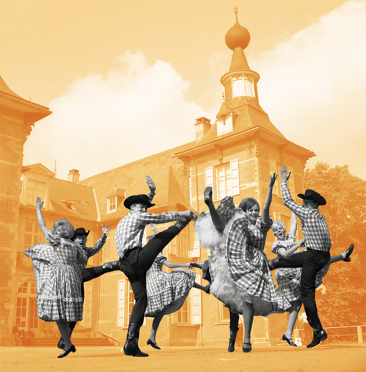 BYU folk dancers perform an American hoedown in front of a 16th-century castle