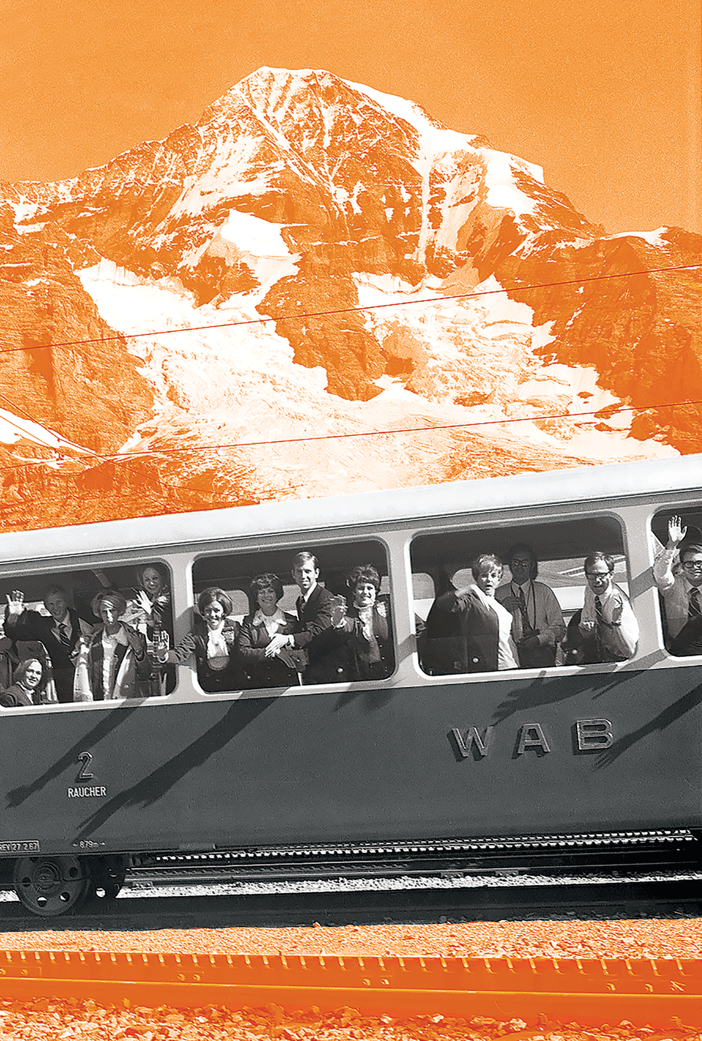 BYU folk dancers wave and smile from a train car with a background of the Swiss Alps.