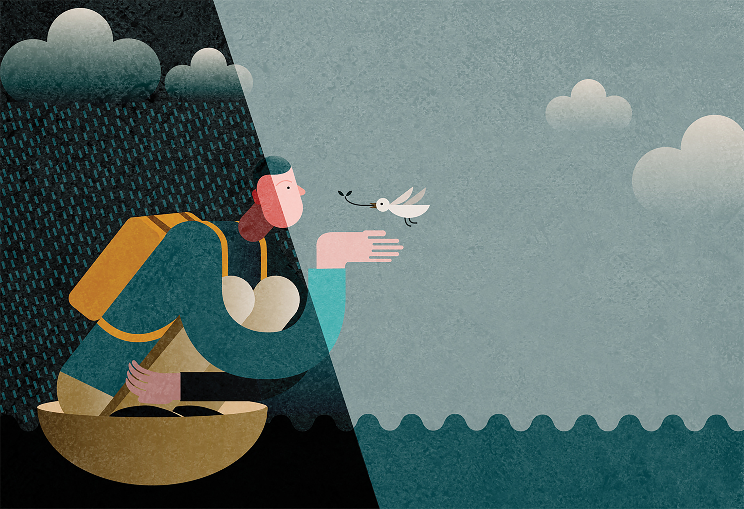 Illustration of a student on a boat coming out of a rainstorm.