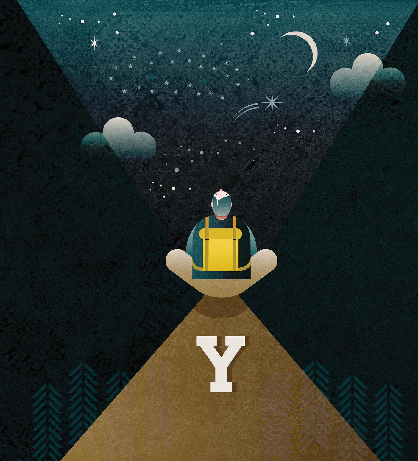 Illustration of a student sitting on a mountain top and viewing the night sky.