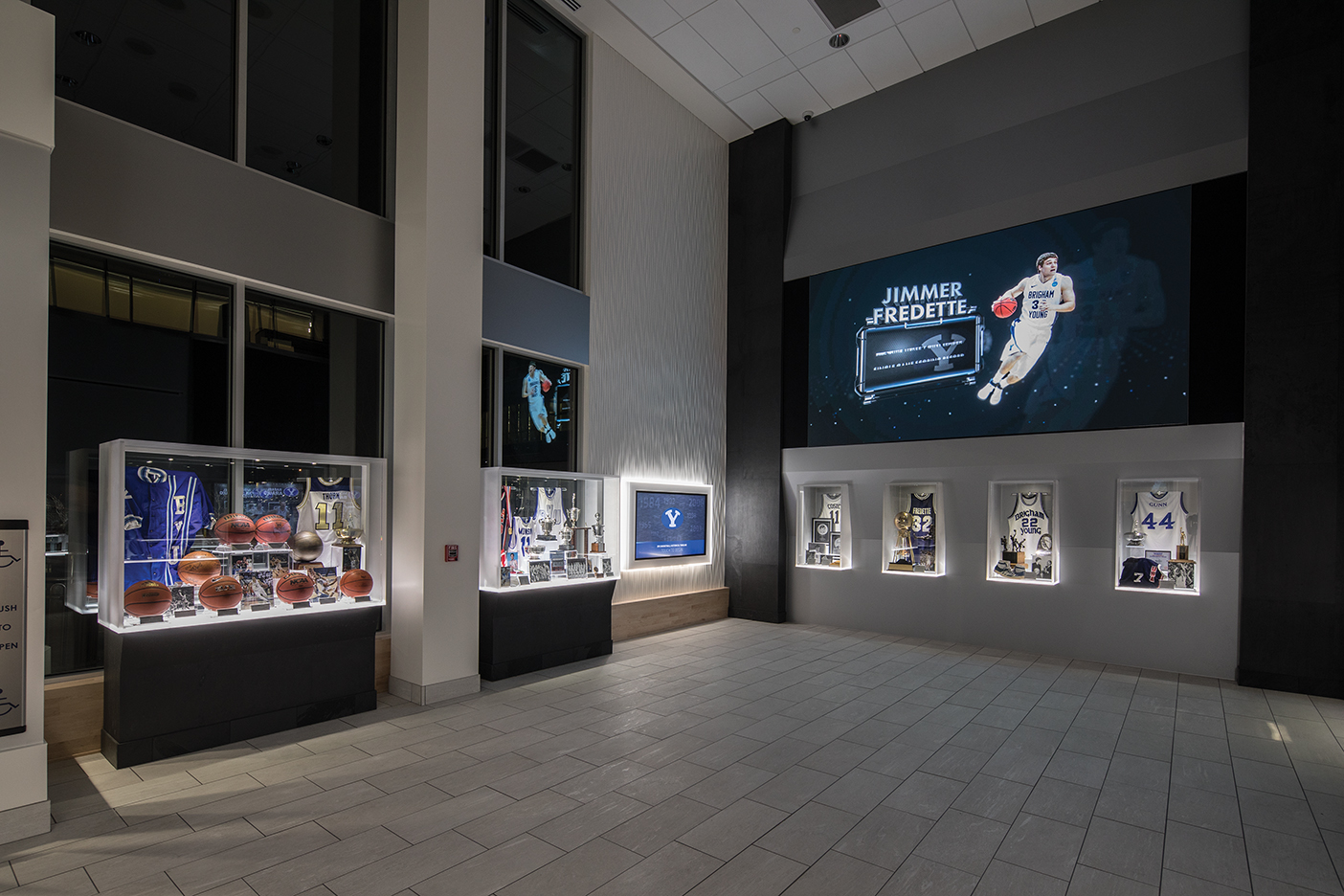 A nighttime shot of the interior of the Marriott Center Annex's Hall of Honor.