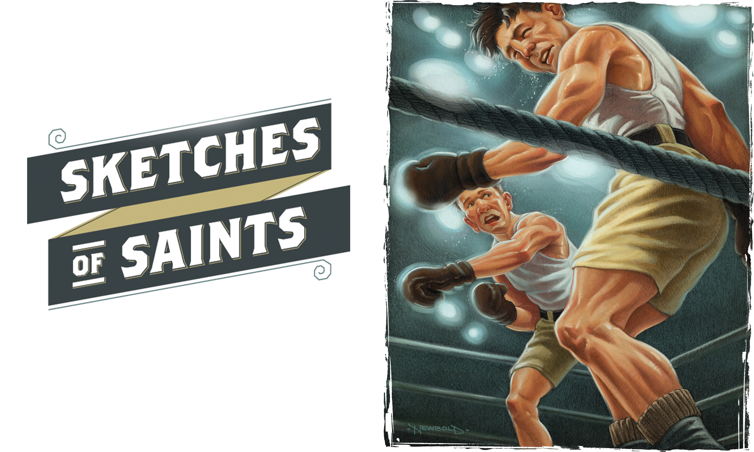 Illustration of two men in a boxing ring with the title of the article "Sketches of Saints"