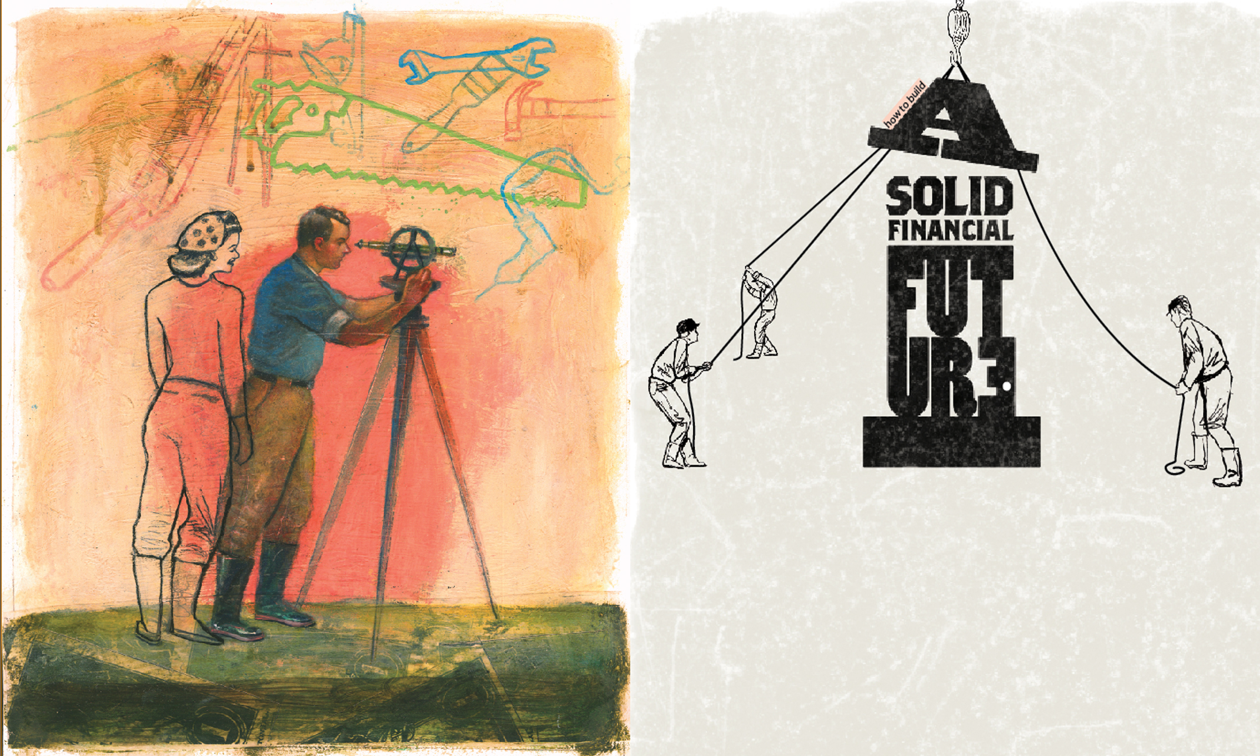 A drawing of a man and woman looking through a telescope with stylized text that reads "A Solid Financial Future"