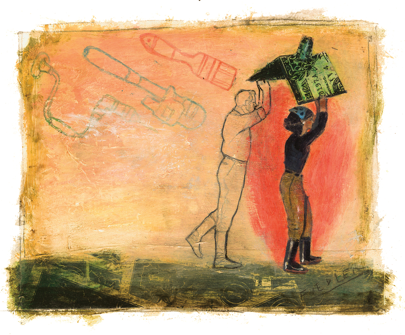 Illustration of a man and a woman carrying a roof made of money
