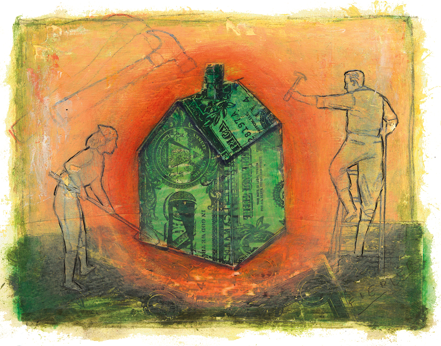 illustration of a man and a woman building a house out of money