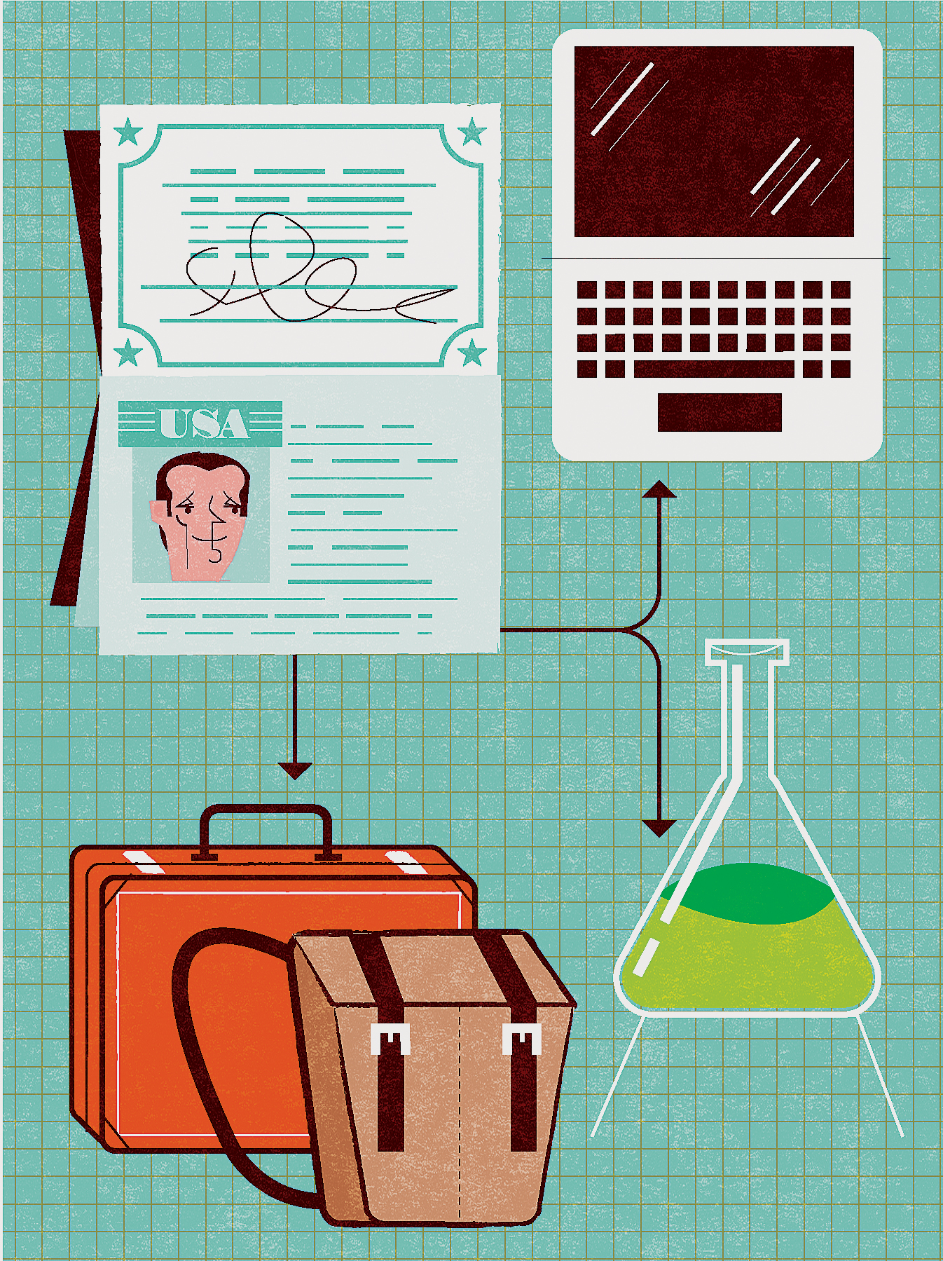 illustration of a passport, luggage, beaker, and a laptop