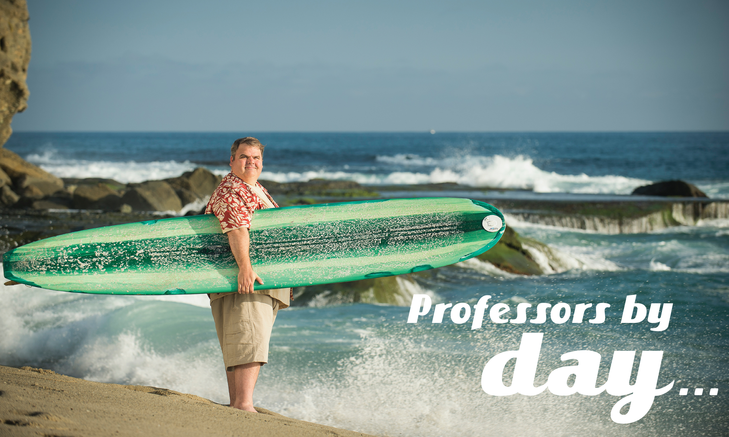 Mark Wright holds a long surfboard on the beach with the title "Professors by Day"