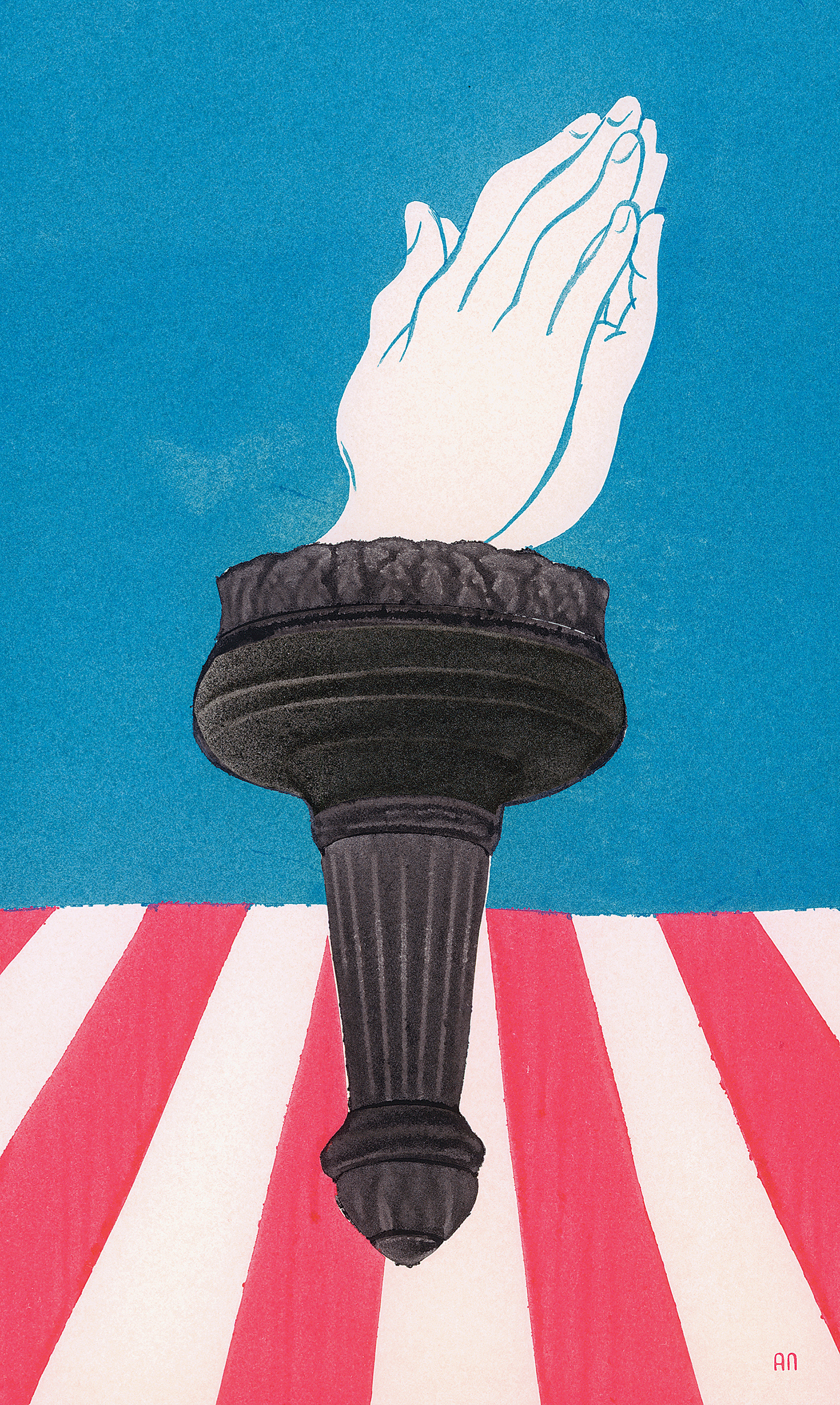 an illustration of a torch with praying hands instead of flames