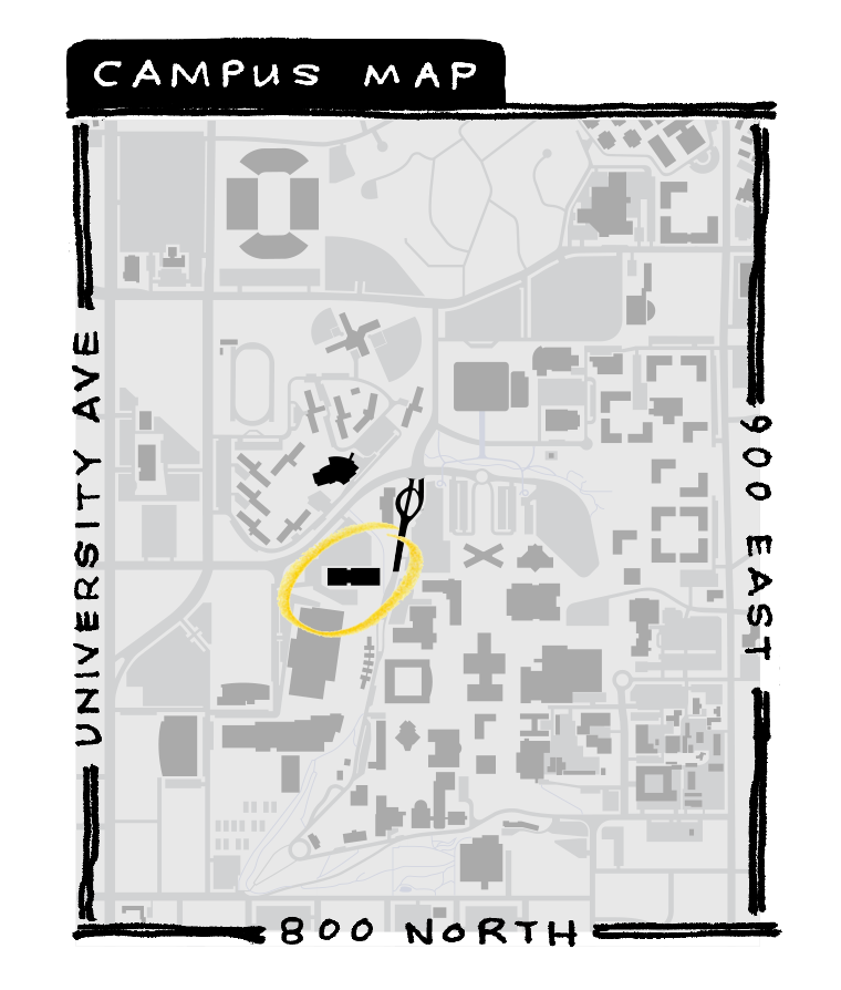 A campus map with the business school circled