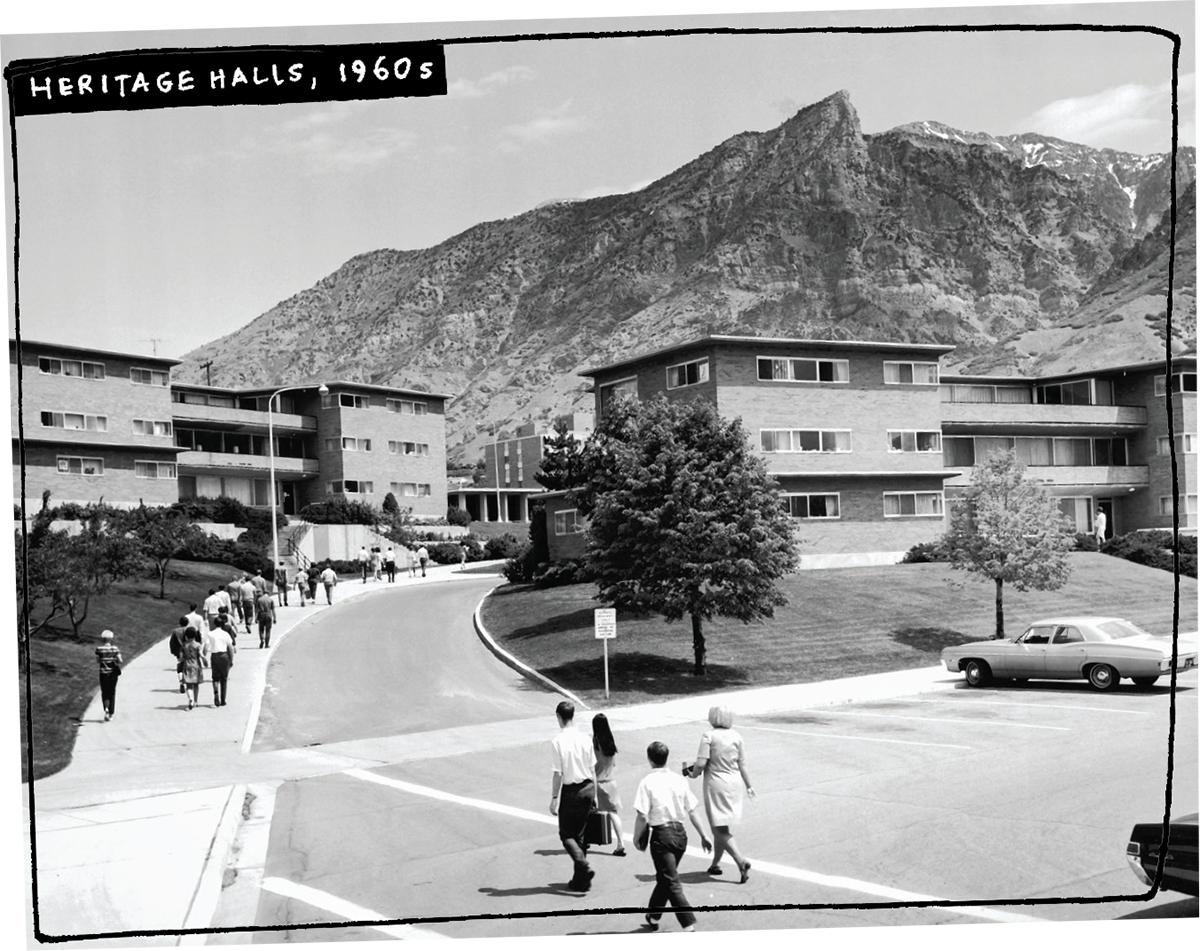 A black-and-white photograph of the old Heritage dorm buildings from the 1960s