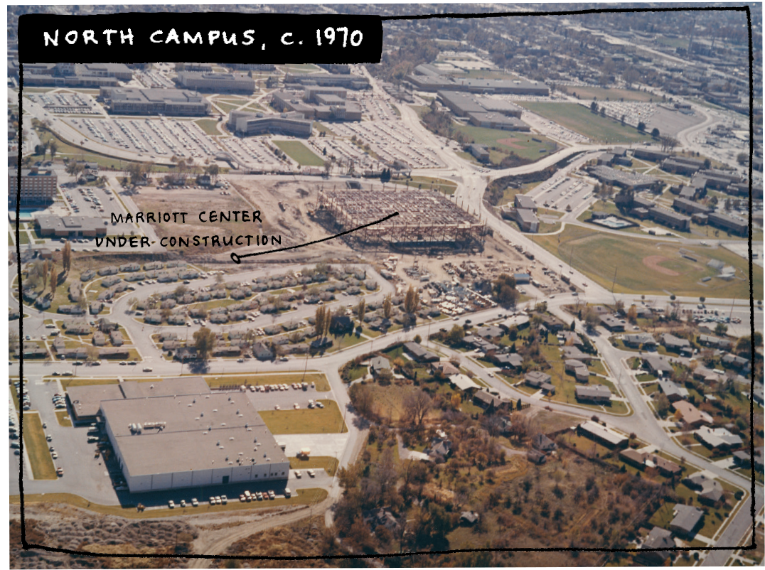 North campus in the 1970s with the Marriott Center under construction.