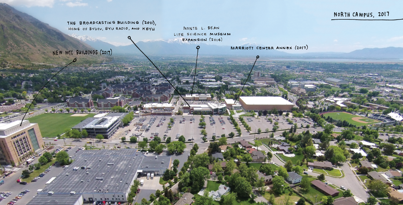 An aerial shot of campus looking south that shows the new MTC buildings, the broadcasting building, the Monte L. Bean Life Science Museum, and the Marriott Center and annex.