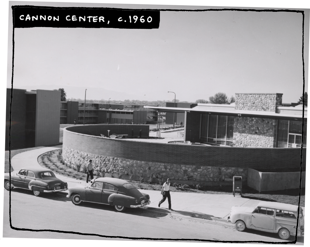 A picture from around 1960 that shows the old Cannon Center with cars in front