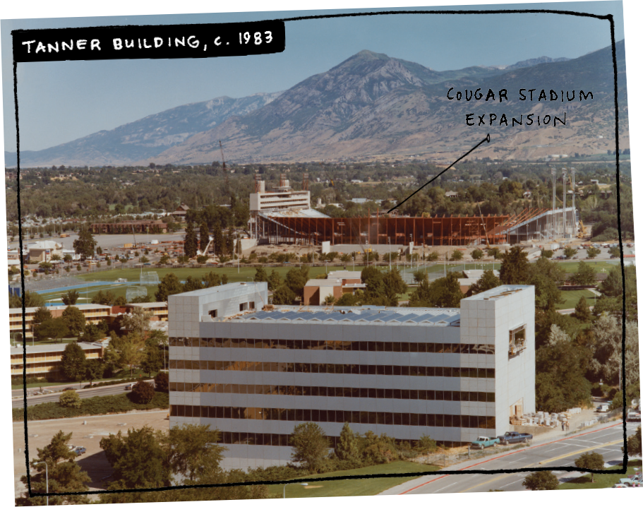 A picture from 1983 shows the construction of Cougar Stadium, as well as the Tanner Building without the west expansion