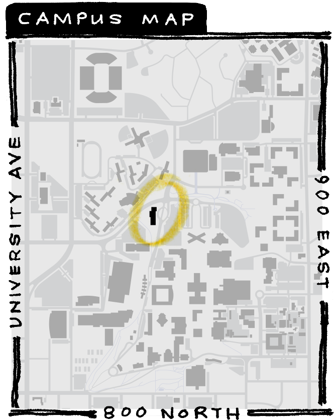 a map of campus with the alumni and visitors center highlighted