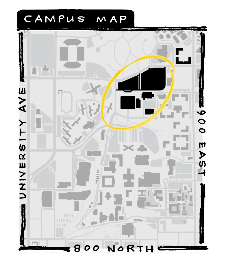 A campus map with the new buildings on north campus circled, including the new BYU Broadcasting Building, the Marriott Center Annex, and the Bean Museum, which was renovated and added on to.