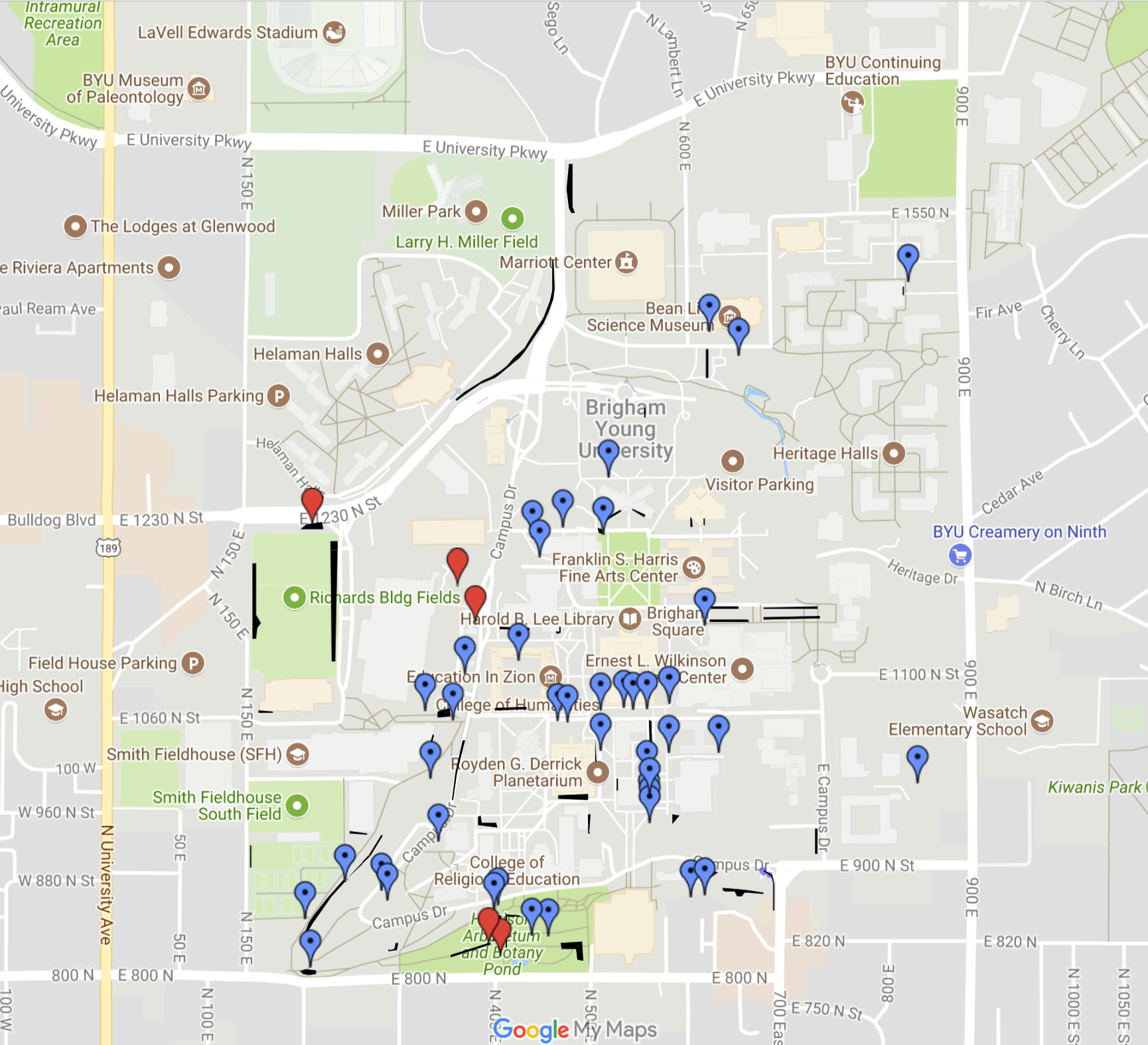A Google map with pins dropped on it, each pin indicating the location of a plant on campus that can be eaten.
