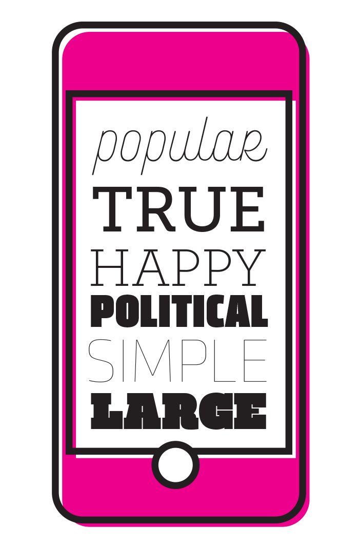 Image of a phone with the following words written on the scree: popular, true, happy, political, simple, large